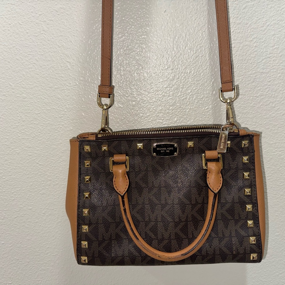 Michael Kors Brown and Tan Studded Crossbody Bag